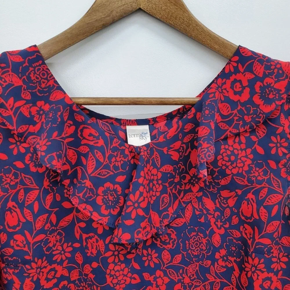 Terra & Sky Womens Sleeveless Floral High Low Blouse Top Size 0X Red Blue Ruffle